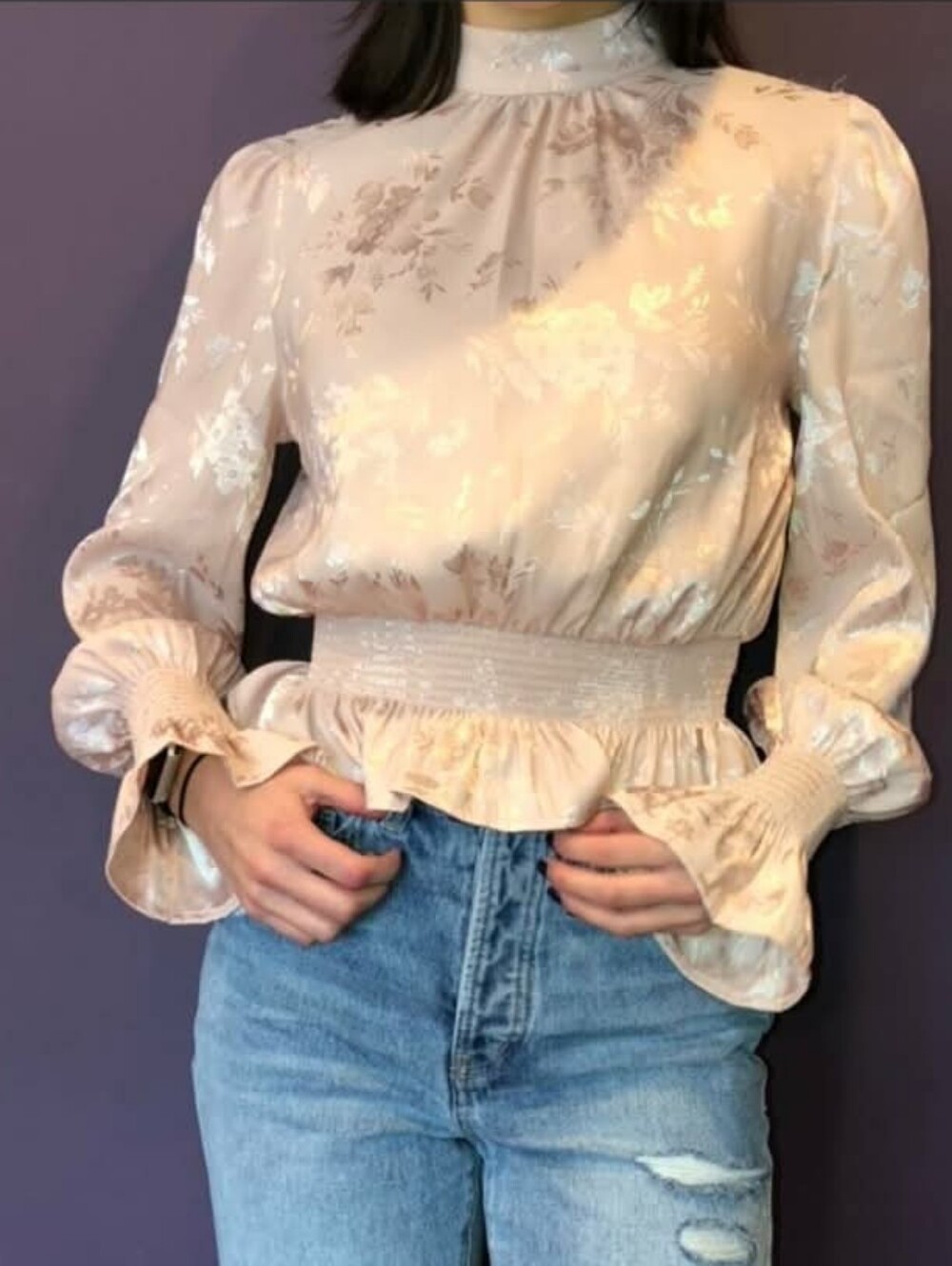 Forever 21 Blush Pink Metallic Floral High-Neck Smocked Peplum Top